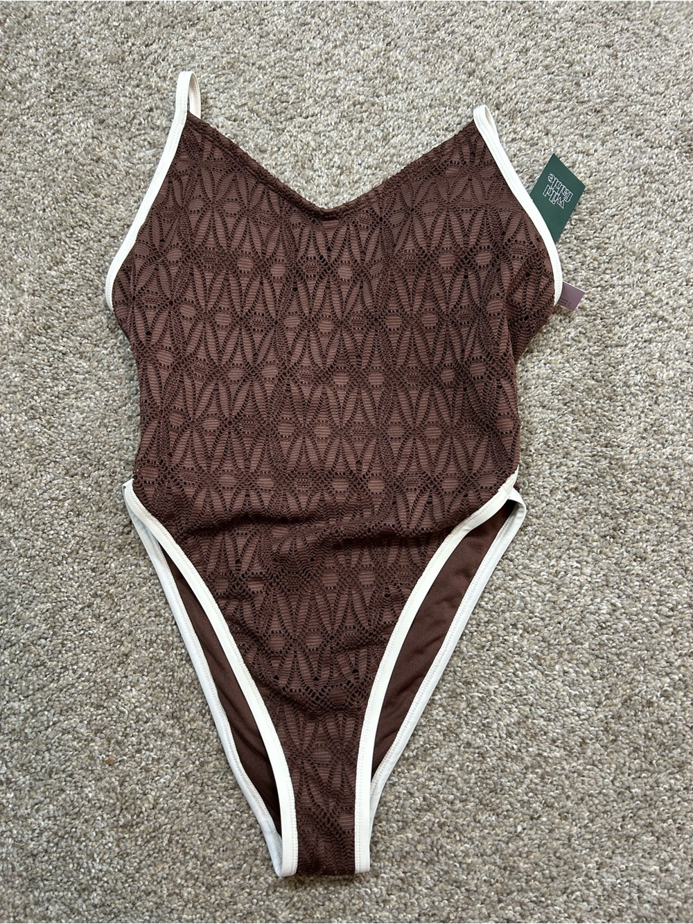 wild fable Brown Crochet One-Piece Swimsuit with White Trim